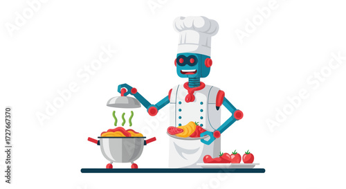 Futuristic robot chef preparing a delicious meal in a modern kitchen.