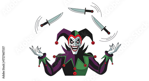 Sinister Jester Juggling Sharp Knives Illustration.