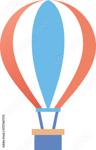 Stylized hot air balloon with blue and orange panels floating gently isolated on white background