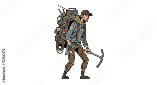 Adventurous Man with Large Backpack and Pickaxe Ready for Exploration.