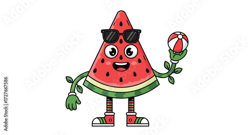 Cartoon Watermelon Slice Character with Sunglasses and Beach Ball Illustration.