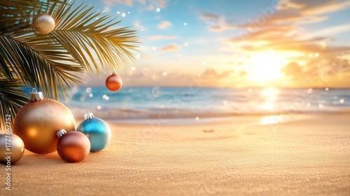 Tropical christmas beach scene ornaments on golden sand at sunset