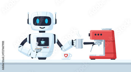 Robot barista serving coffee with a red espresso machine.