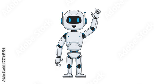 Friendly White Robot Waving Hand with Blue Eyes and Antennas.