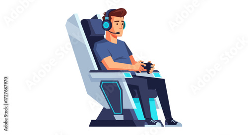 Young Man Playing Video Games in Futuristic Gaming Chair.