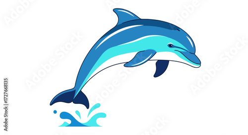 Cartoon Dolphin Leaping from Water with Blue and White Coloring.