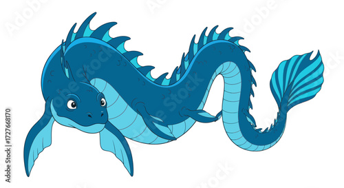 Cartoon Blue Sea Serpent with Spikes and Fins.
