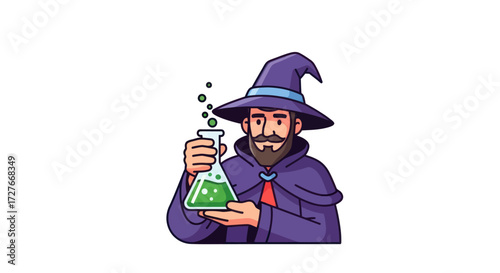 Cartoon Wizard Holding Bubbling Green Potion Flask.