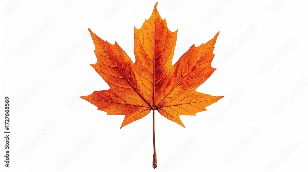 Fototapeta premium Vbrant orange maple leaf with intricate veins isolated on a clean white background isolated on white background