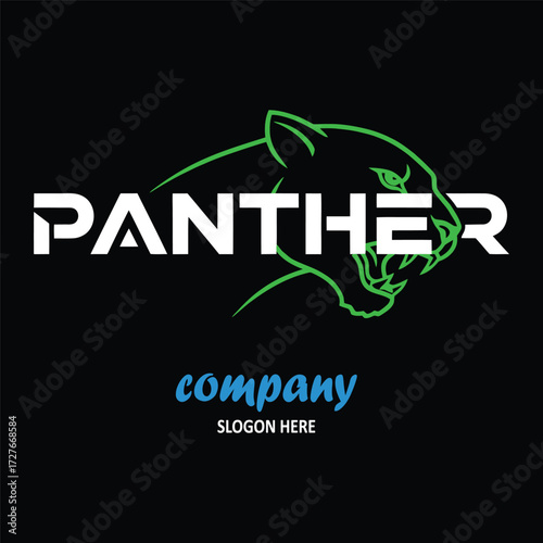 Green panther line art logo, Modern panther logo with company name and slogan on black background.