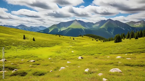 Scenic Mountain Landscape with Lush Green Fields and Rolling Hills under a Cloudy Sky
