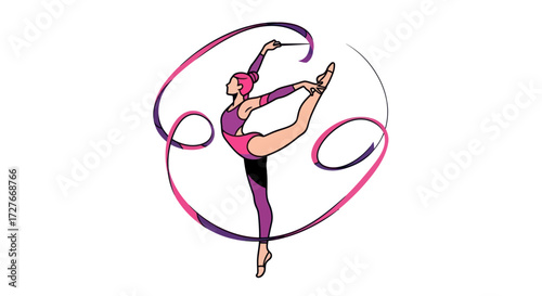 Graceful Rhythmic Gymnast Performing with a Flowing Ribbon.