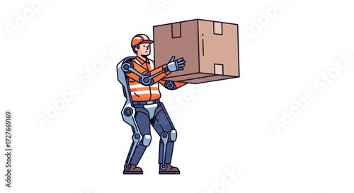 Robotic Worker Carrying a Cardboard Box with Exoskeleton Support.