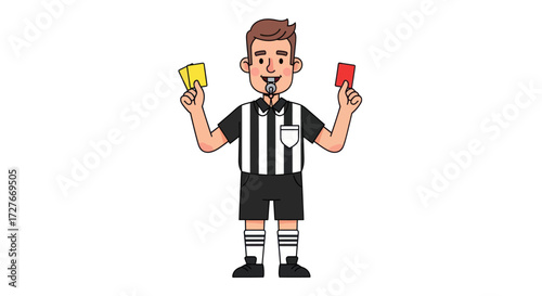 Cartoon Referee Holding Yellow and Red Cards.