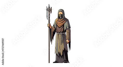 Mysterious Hooded Fantasy Character Holding Ornate Staff.