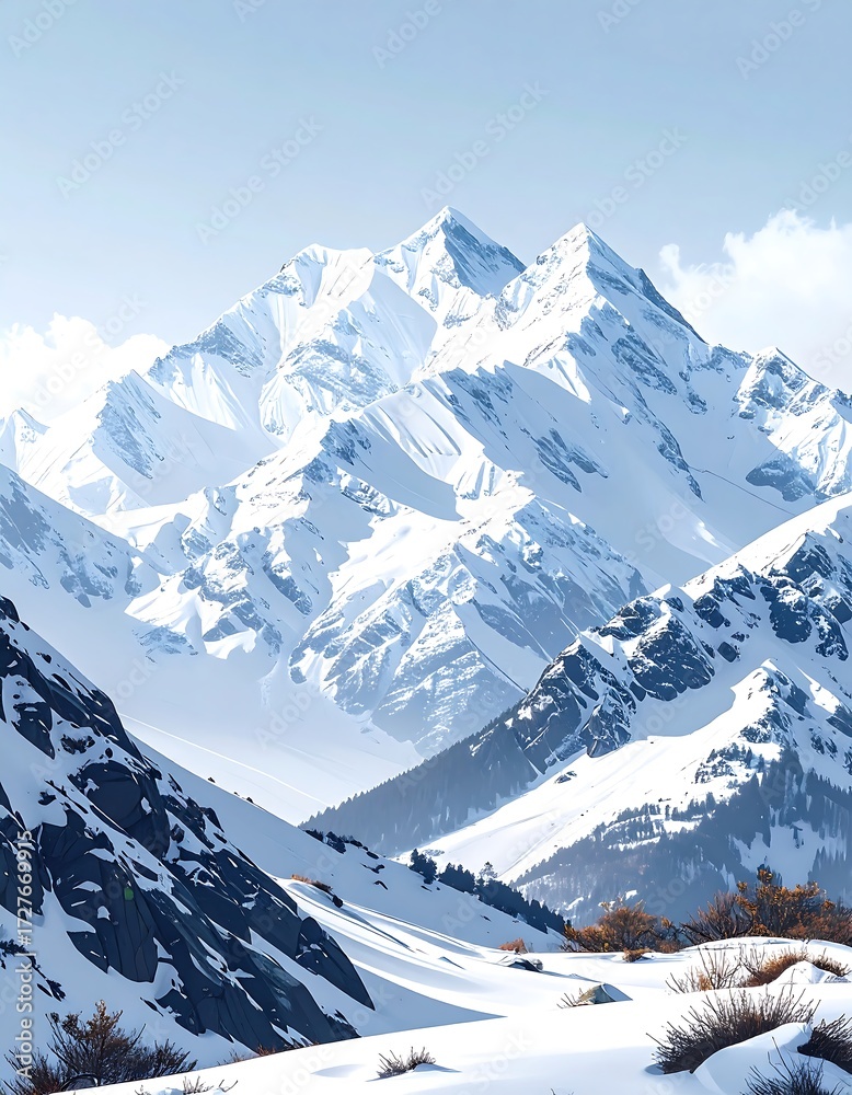 Obraz premium Snowy mountain range, vibrant whites and cool blues