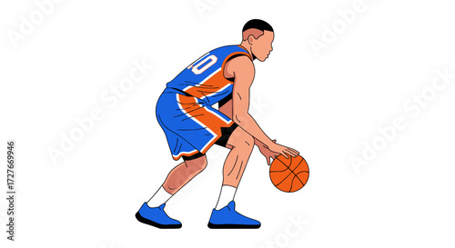 Basketball Player Dribbling Ball in Blue Uniform.