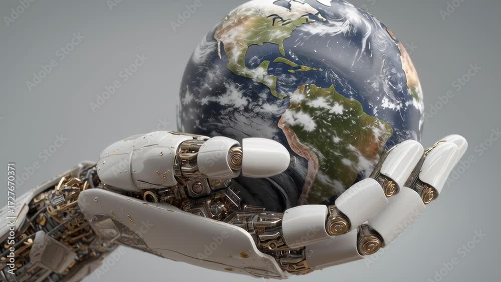 A robot hand is holding a globe. The robot hand is white and the globe ...