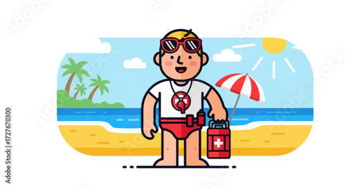 Cartoon Lifeguard Character with Whistle and First Aid Kit.
