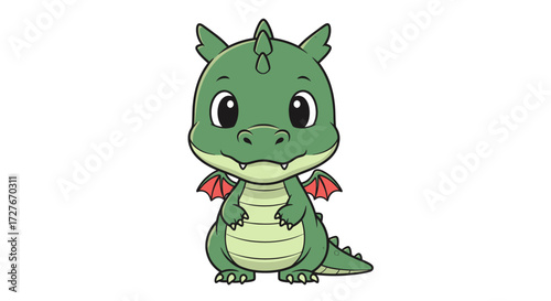 Adorable cartoon baby dragon with green scales and red wings.