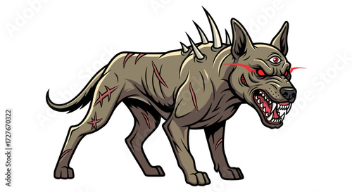Ferocious Three-Eyed Dog with Spikes Growling with Sharp Teeth.