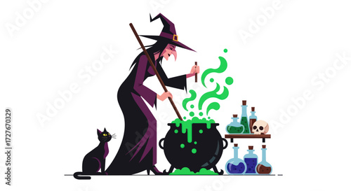 A witch in a pointed hat stirs a bubbling green potion in a cauldron with a black cat nearby.
