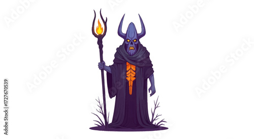 Cartoonish Demon Character Holding Staff with Flaming Orb.