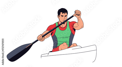 Cartoon illustration of a male kayaker paddling a boat.