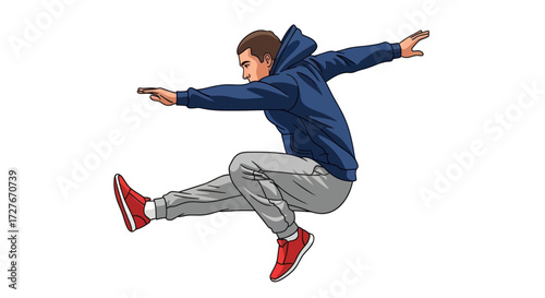 Young man in a blue hoodie and red sneakers performing a dynamic parkour jump.