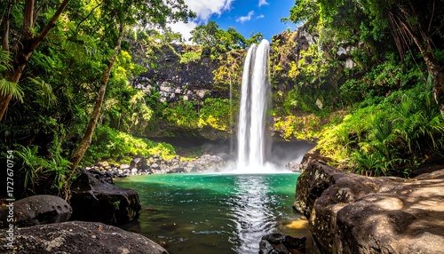 Lush waterfall cascading into a tranquil pool in a tropical rainforest
