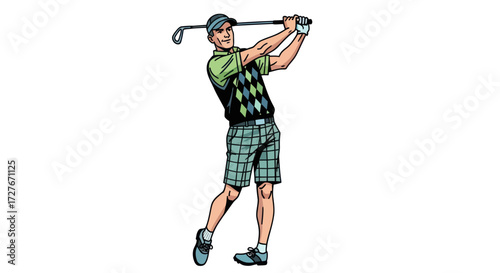 Golfer in Plaid Shorts Swinging a Club with Focused Expression.