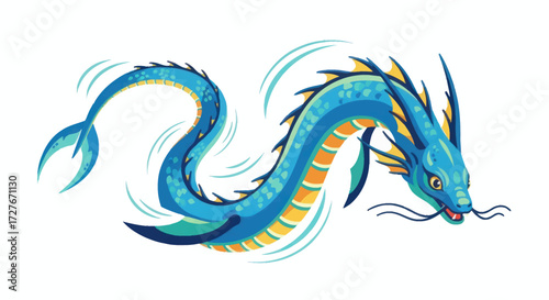 Vibrant Blue Serpentine Dragon with Yellow Scales and Fins.