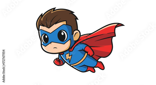 Cartoon Superhero Boy Flying with Red Cape and Blue Mask.