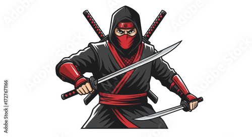 Armed Ninja Warrior in Black and Red Attire with Swords.