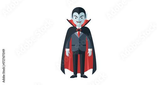 Cartoon Vampire Character with Cape and Fangs.