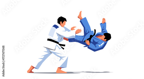 Two martial artists in judo uniforms engaged in a dynamic throw during a match.