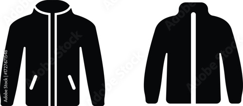 Jacket Icon Set Black Flat Style Clothing Symbol Collection Group of Winter Coat, Sportswear, Outerwear, Fashion, Warm, Zipper Hoodie, Windbreaker, Casual Apparel, Textile Vector