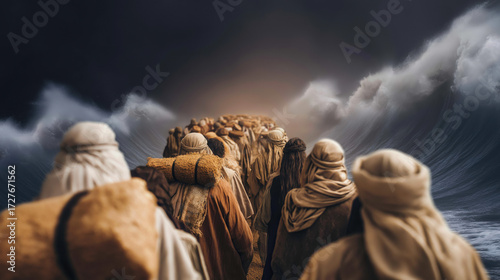 A vast sea parts with towering walls of water on both sides, opening a path where faith walks between power and deliverance.
