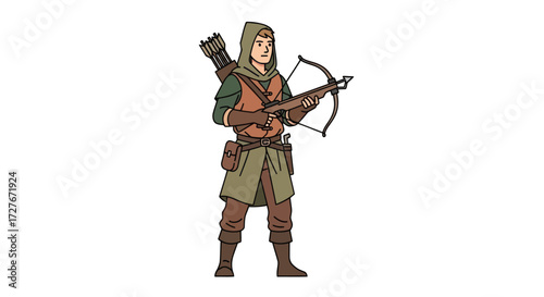 A full-body illustration of a medieval hooded crossbowman in leather armor holding a crossbow.