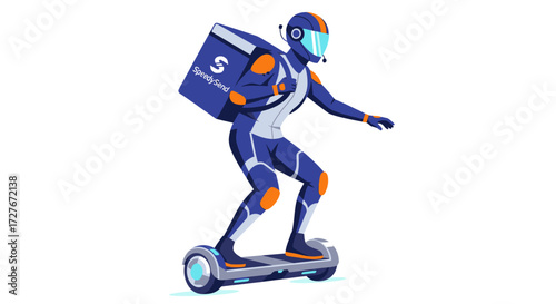 Futuristic delivery person in a sleek suit riding a hoverboard with a large insulated bag.