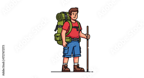 Cartoon Hiker with Backpack and Trekking Pole Ready for Adventure.