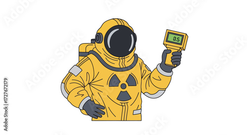 Cartoon Character in Yellow Radiation Hazmat Suit Holding Geiger Counter.