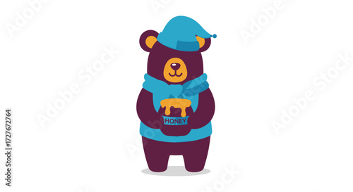 Cute cartoon bear in a blue hat and scarf holding a warm mug.