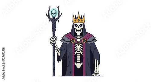 Cartoon Skeleton King with Crown and Skull Staff.