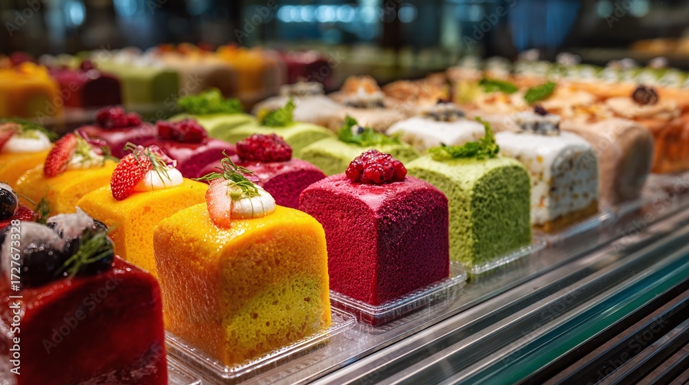 Fototapeta premium Colorful cube cakes with fresh toppings showcase gourmet bakery desserts. Perfect for dessert lovers who enjoy variety. A tempting treat for any occasion.
