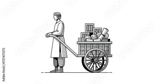 Vintage illustration of a man pushing a cart laden with goods.