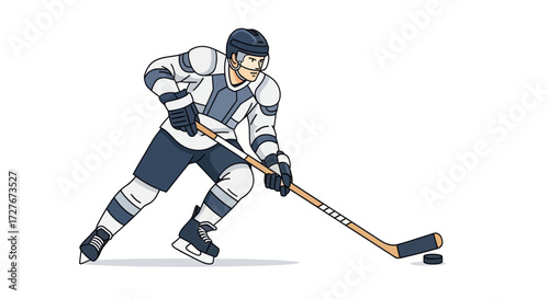 Ice Hockey Player in Action with Stick and Puck.