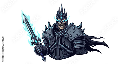 Fierce Undead Warrior King Holding Glowing Sword.