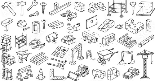 Isometric Hand-Drawn Construction Elements Set: Building Tools, Materials, and Heavy Equipment Doodles