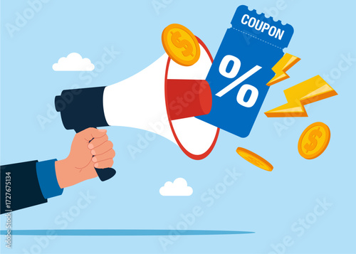 Special offer promotion. Hand with megaphone speaker for sales and shopping online, discount coupon of cash. Vector flat illustration